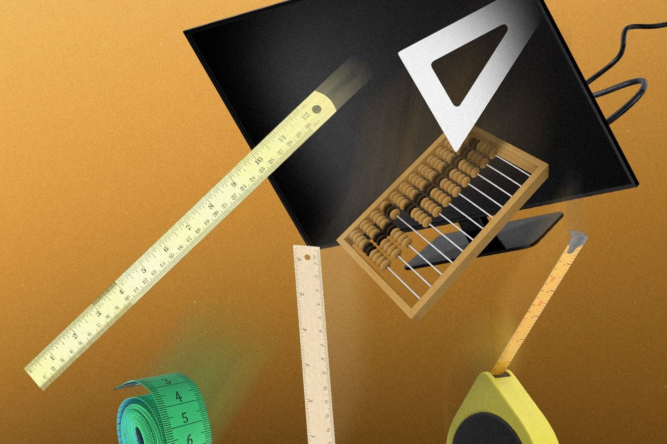 a collage of things related to measurement (ruler, measuring tape, etc)