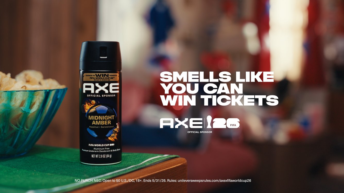 World Cup-branded can of Axe with text promoting sweepstakes for tournament tickets.