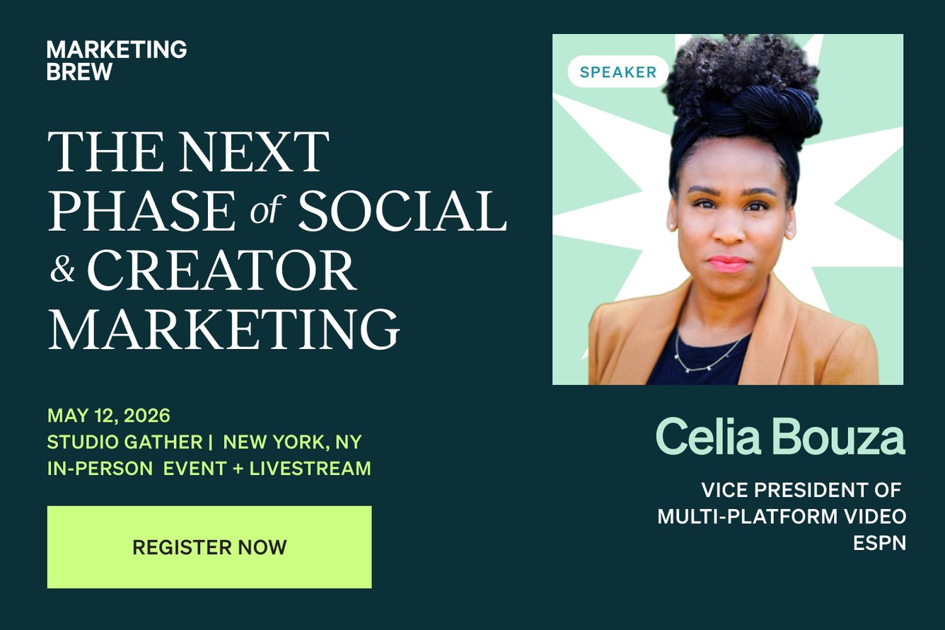 Celia Bouza, VP of Multi-Platform Video at ESPN, appears in a promotional image for an upcoming Marketing Brew event, The Next Phase of Social & Creator Marketing, to be held on May 12 2026 in New York.