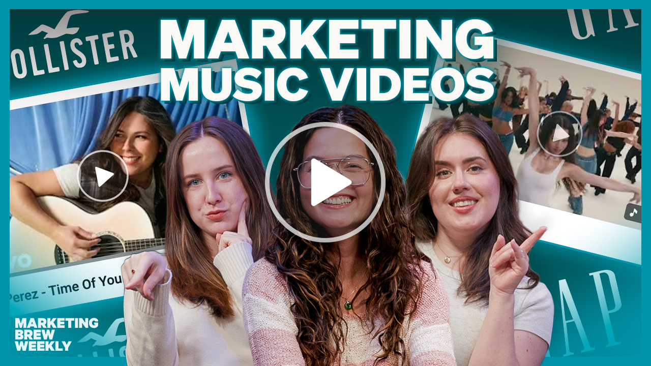 A still taken from this week's episode of Marketing Brew Weekly, showing hosts Jennimai, Katie, and Kelsey dancing to music and images from recent Gap and Hollister music videos