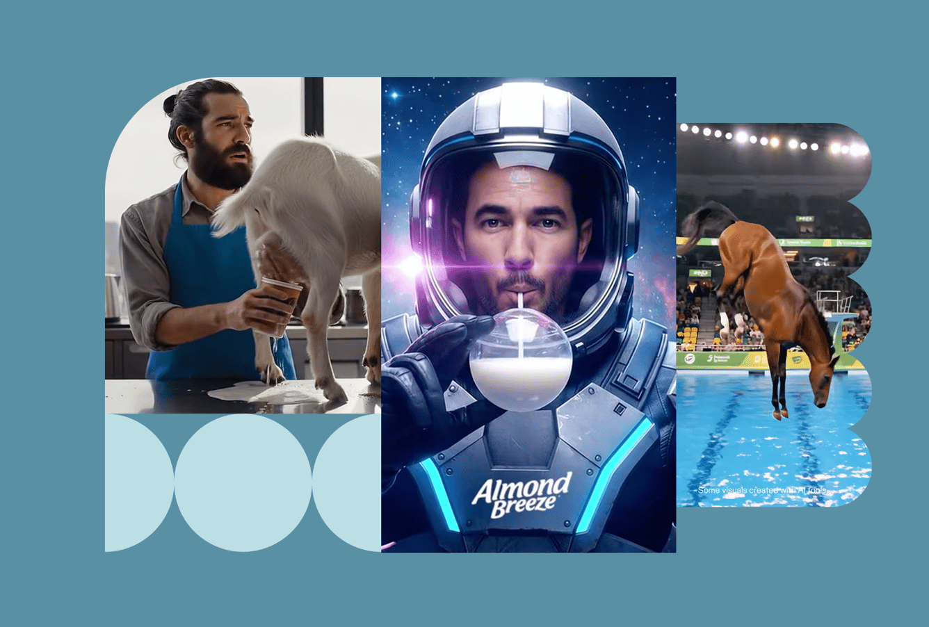 Three stills from AI-generated ads from Dollar Shave Club, Almond Breeze, and Equinox, including a barista milking a goat, Nick Jonas in an astronaut helmet sipping on Almond Breeze almond milk, and a horse diving into a swimming pool.